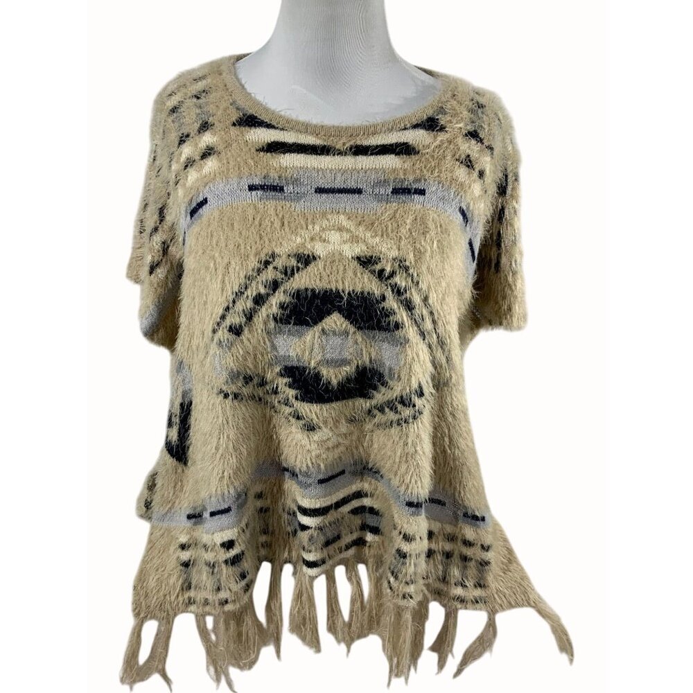 PPLA Boho Fringe Oversized Poncho Sweater S/M Beige Black Chevron Knit Acrylic